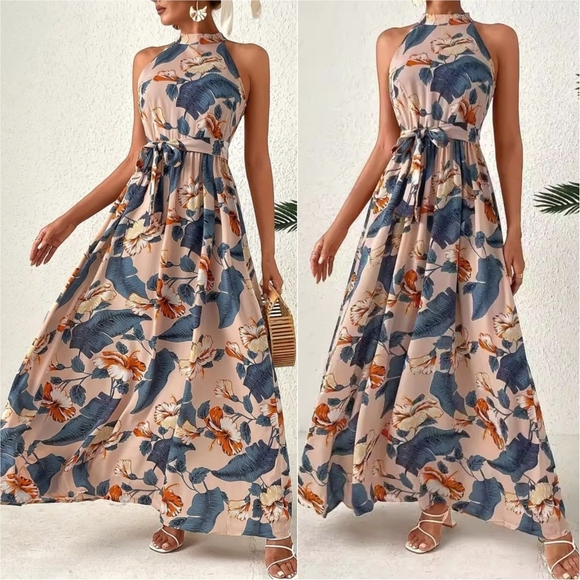 Garden Kiss Halter Maxi Dress - Desert Blue - Picture 2 of 9